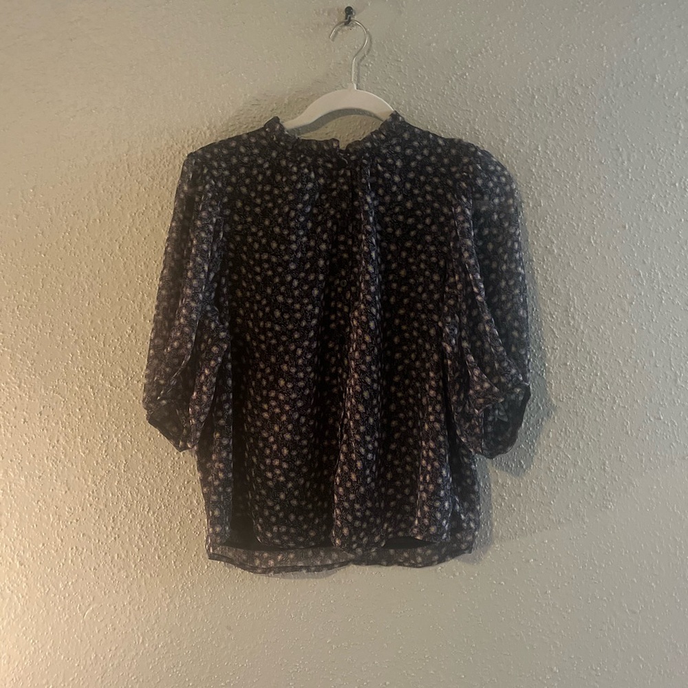 MNG Womens Blouse Black Floral 3/4 Puff Sleeve Ruffle High Neck Lined Chiffon 4